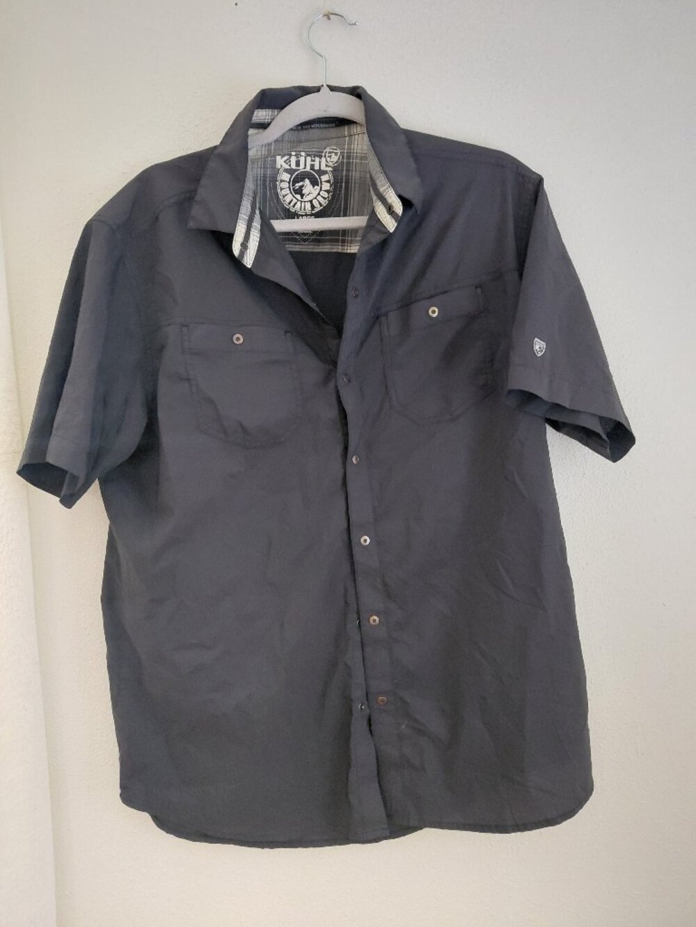 Kuhls Mens Black Gray Snap Short Sleeve Shirt Large Outdoors Hiking